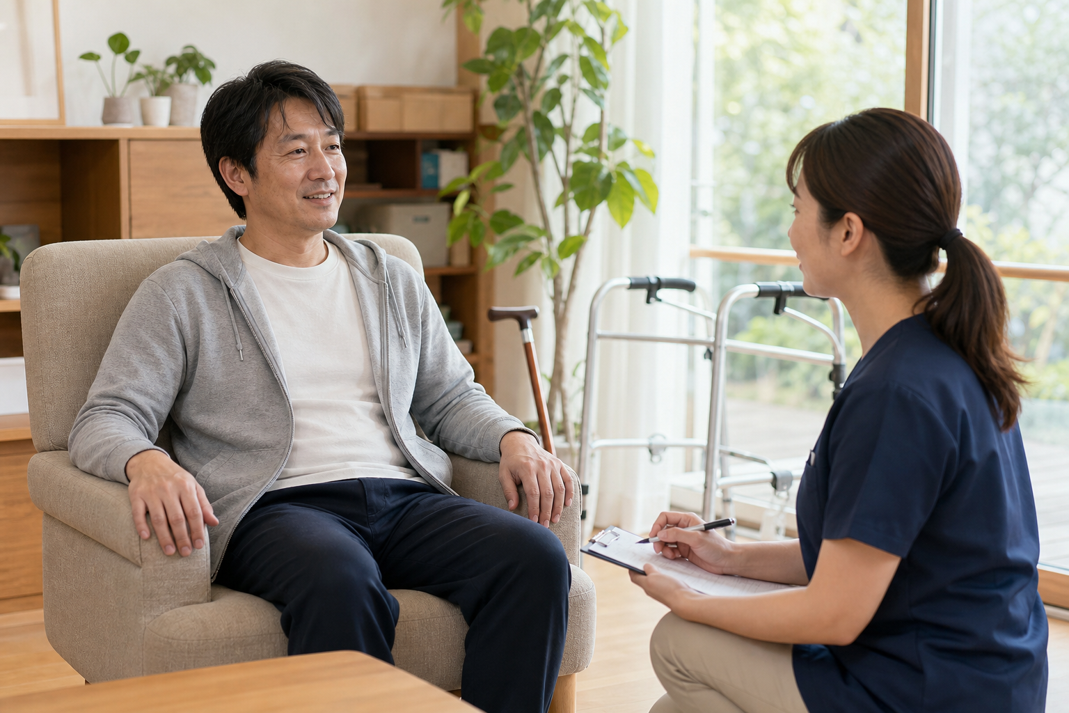 日内変動に合わせた休息について専門職と相談する場面