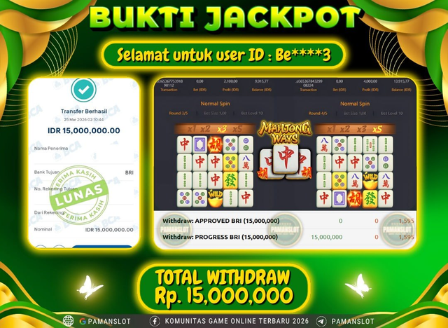 Selamat kepada Member PAMANSLOT Game Mahjong Ways  : BE****3