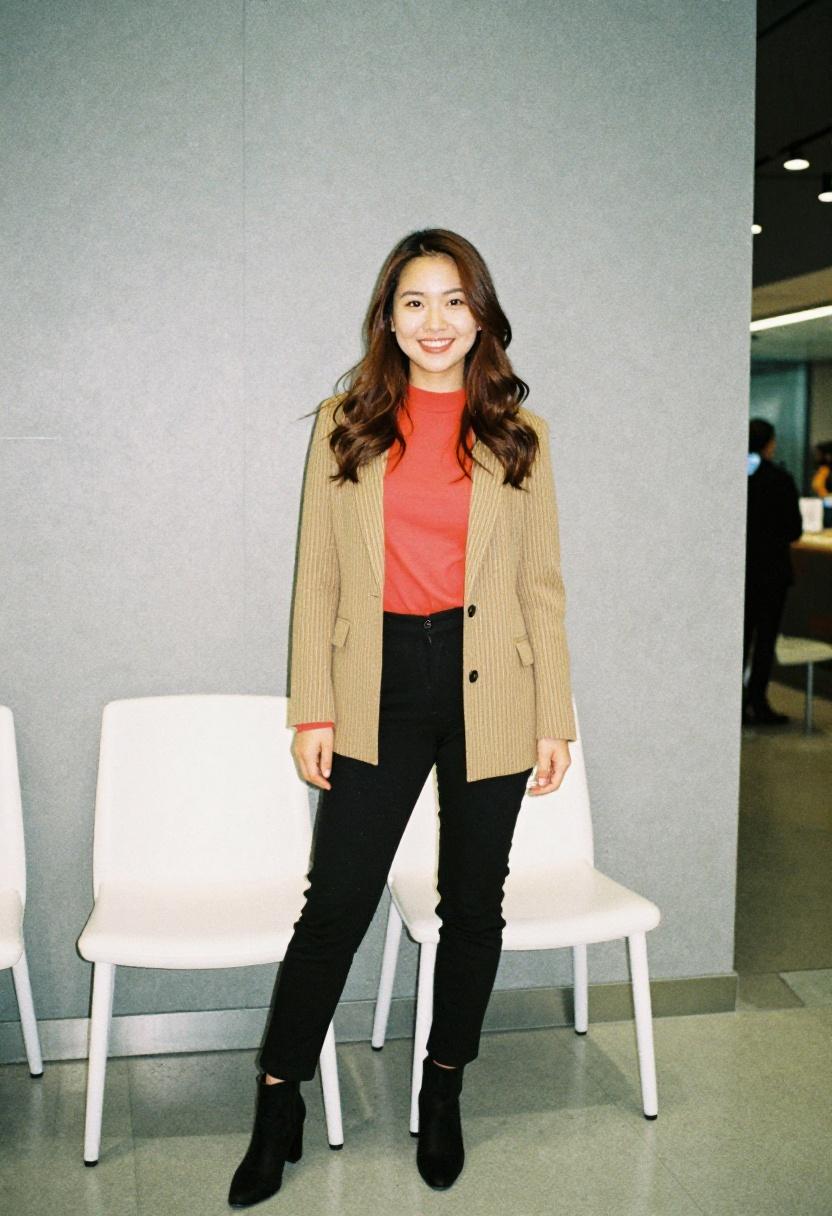 Tangerine mock neck top layered under a camel pinstripe blazer for a vibrant sophisticated office look