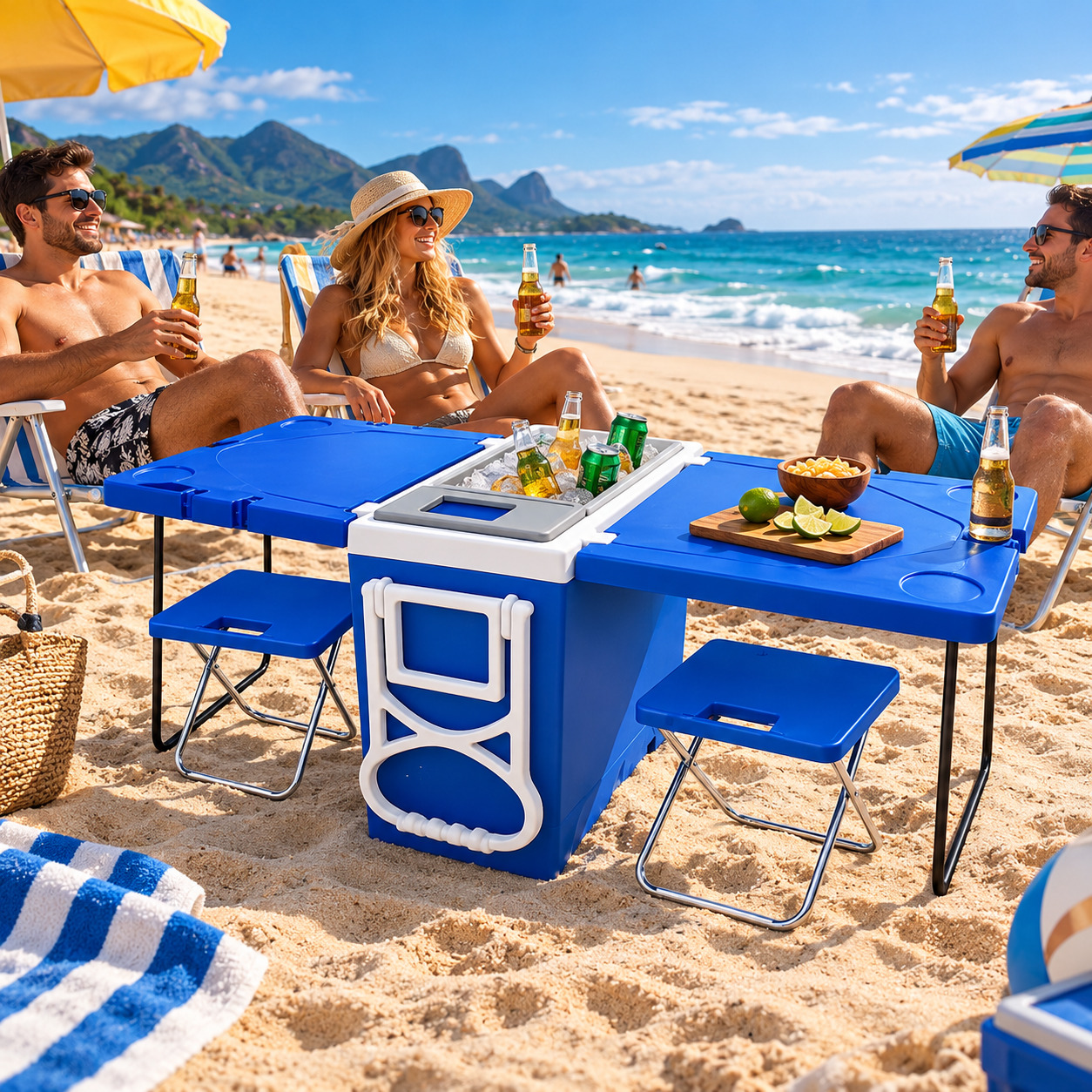 Cooler 3 em 1 com rodinhas na praia em família