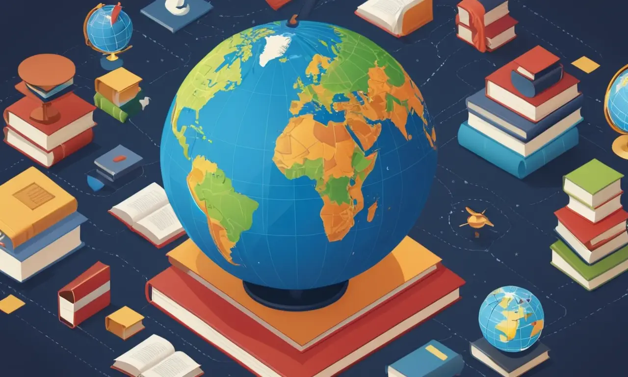 Un globo rodeado de libros, derechos de autor y conexión a Internet, simbolizando el impacto de la globalización en la propiedad intelectual.