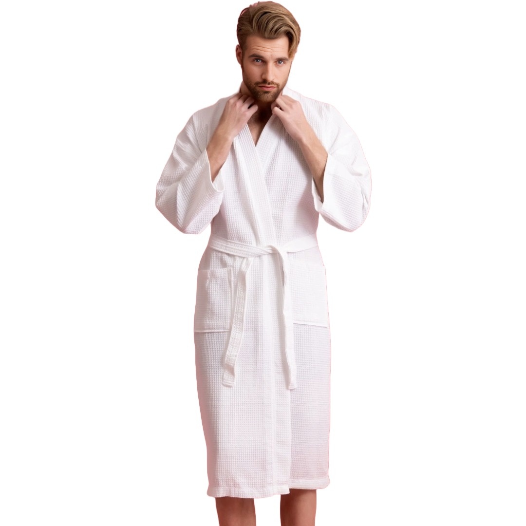 Unisex Men's Waffle Weave Kimono White Bathrobe (One Size)