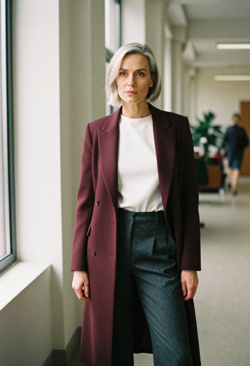 Deep burgundy longline blazer photographed from a low angle for modern authority