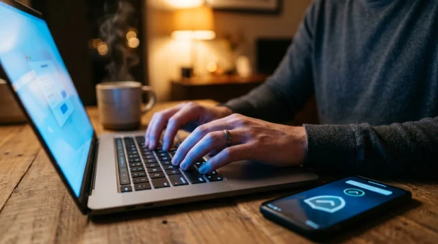 Hands typing on laptop with phone showing authentication screen in warm home office
