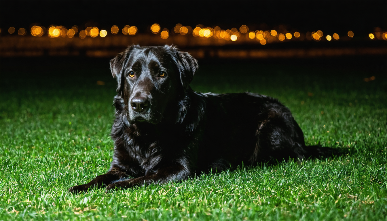 A large calm dog resting in grass at dusk with distant colorful light streaks in the sky above.