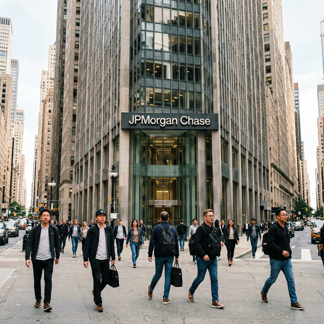JPMorgan Chase headquarters building exterior in New York City financial district, Wall Street, pedestrians walking past, authentic document