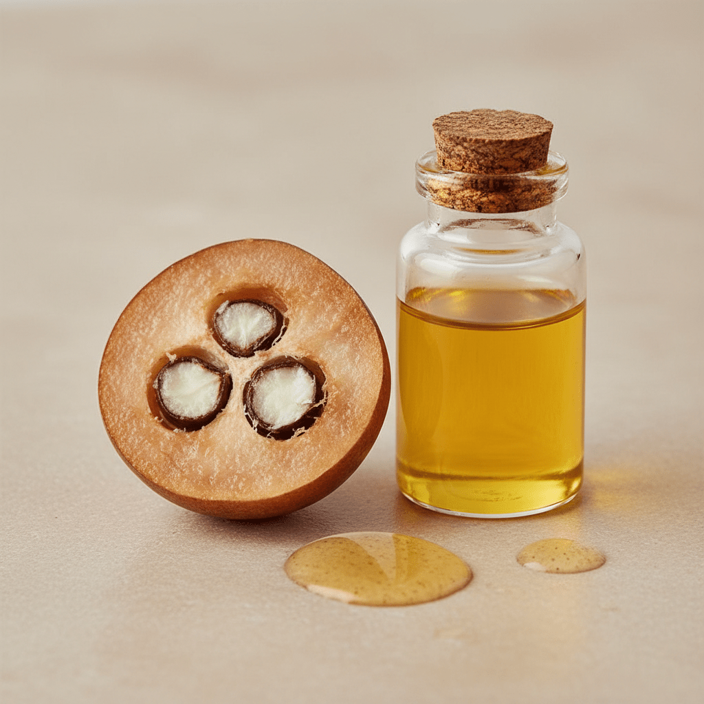 Amla fruit split open with seeds and a seed oil bottle