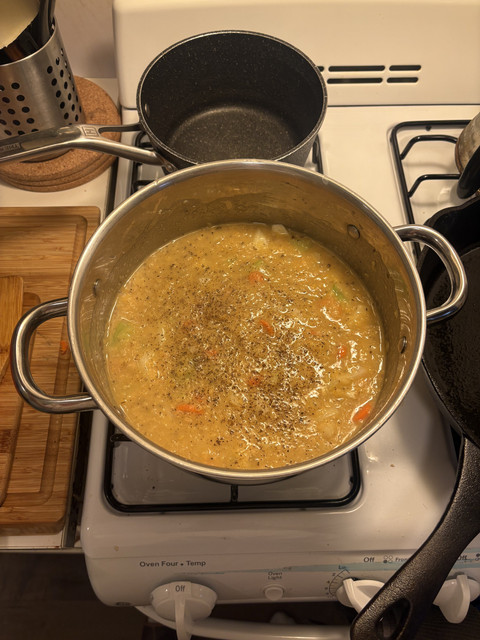 Veggies in the lentils and seasoning