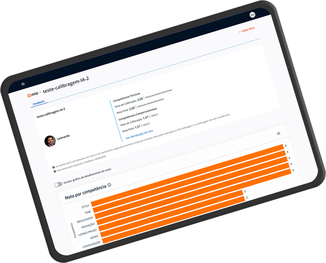 Tela principal da MIA com resumo visual, sugestões de feedback e propostas de PDI