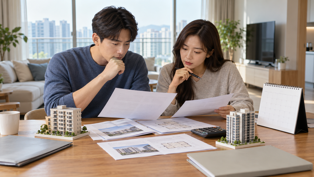 기존 집과 새 집의 서류를 펼쳐 놓고 일시적 2주택 처분기한을 검토하는 부부