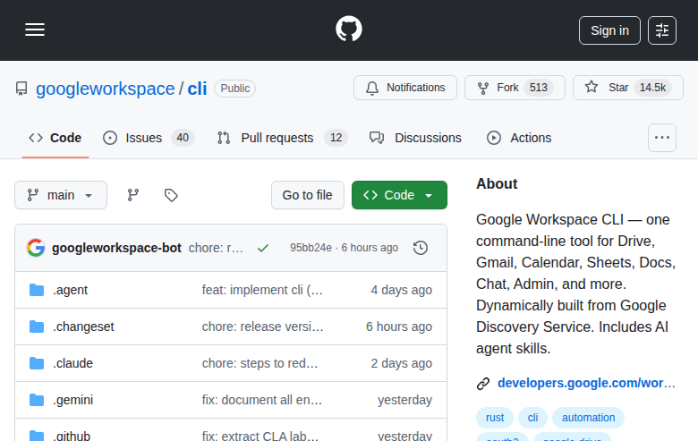 Google Workspace CLI on GitHub — 14.5k stars in its first week