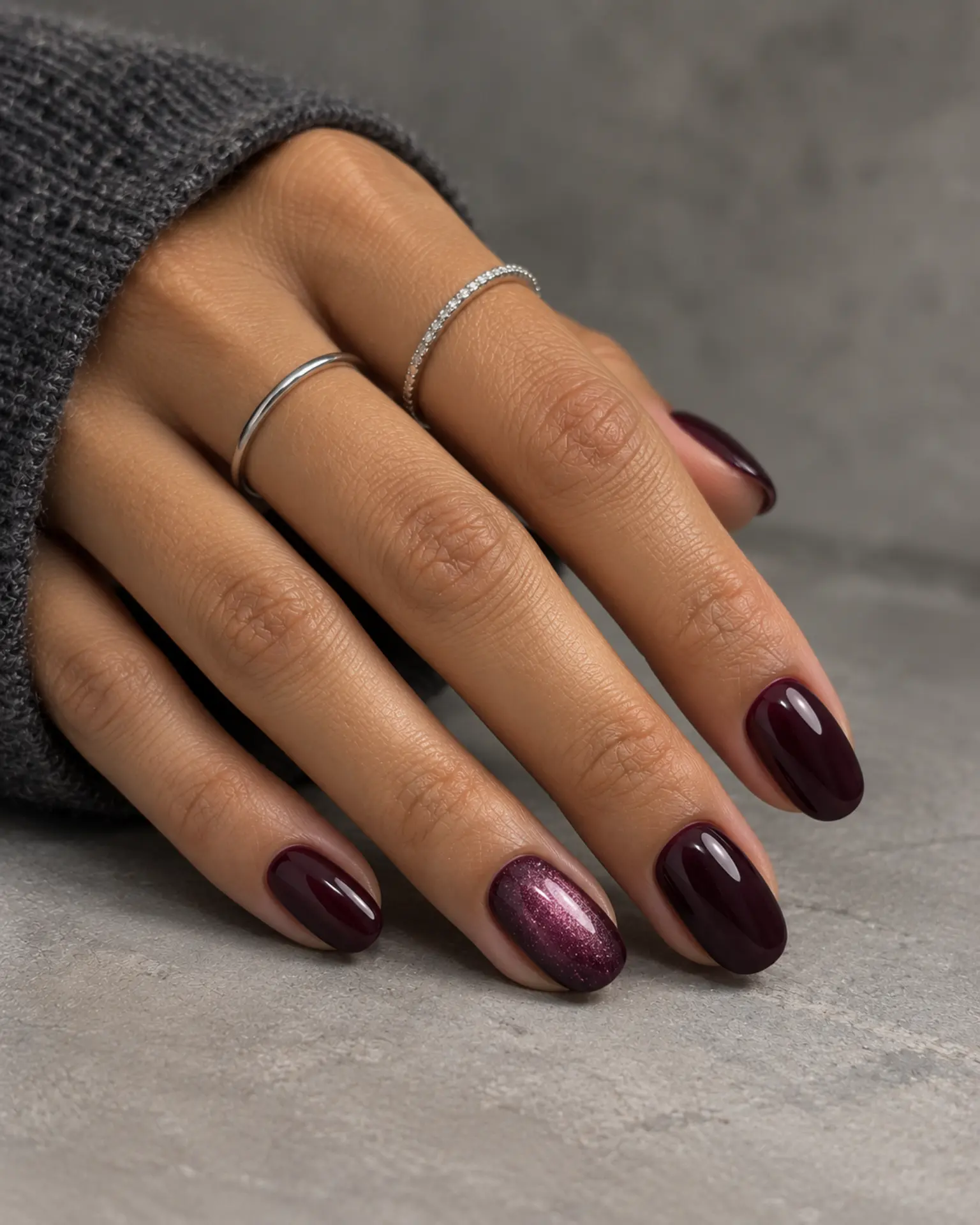 Plum Shimmer Accent manicure inspiration for halloween nail ideas