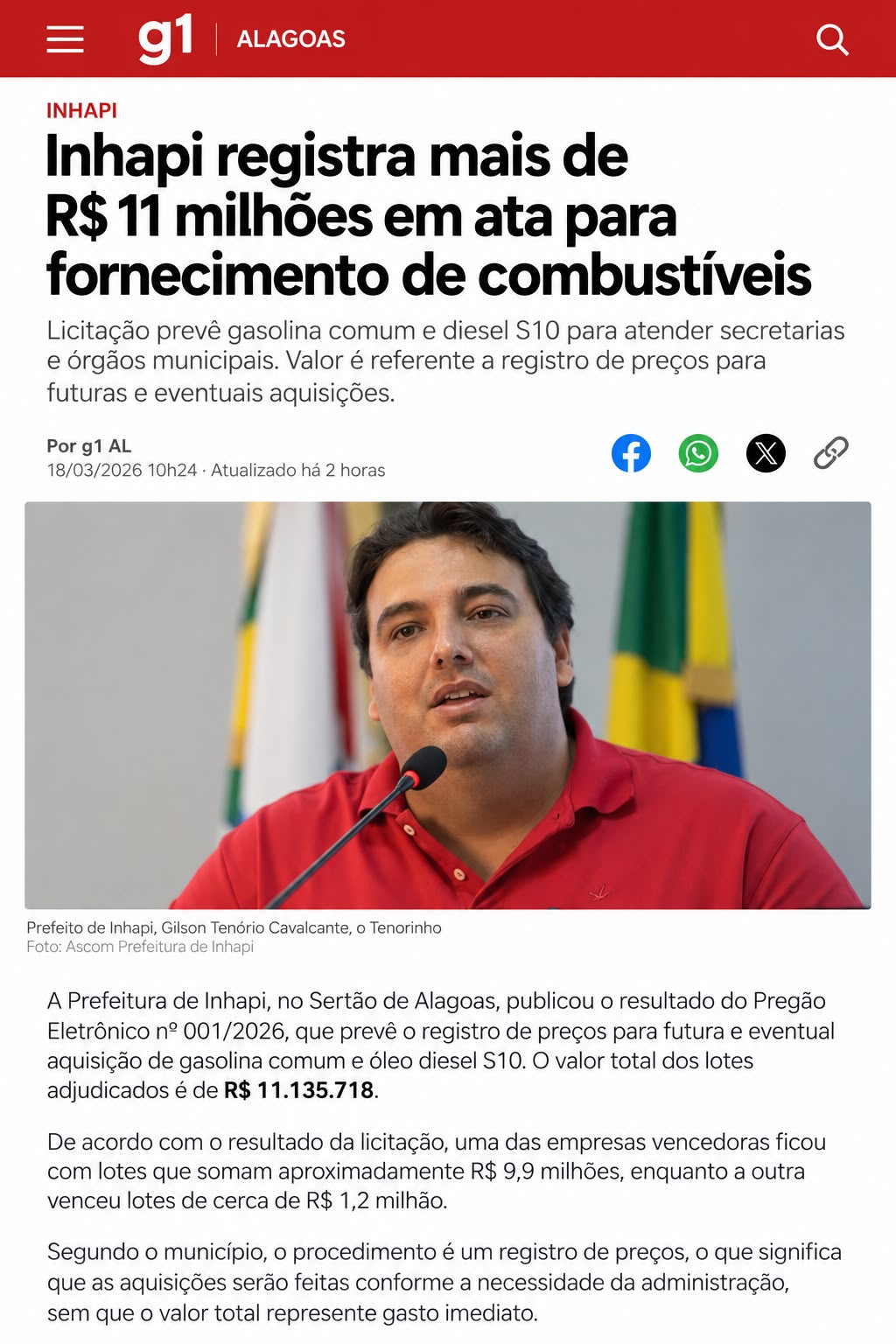 Inhapi registra mais de R$ 11 milhões em atas para fornecimento de combustíveis