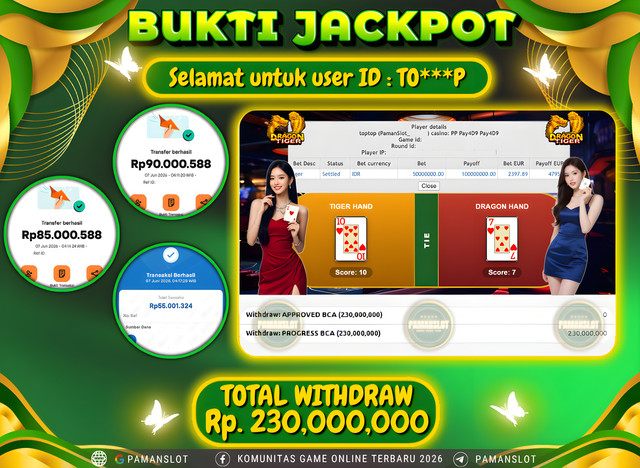 Selamat kepada Member PAMANSLOT Live PP - Dragon Tiger : TO***P