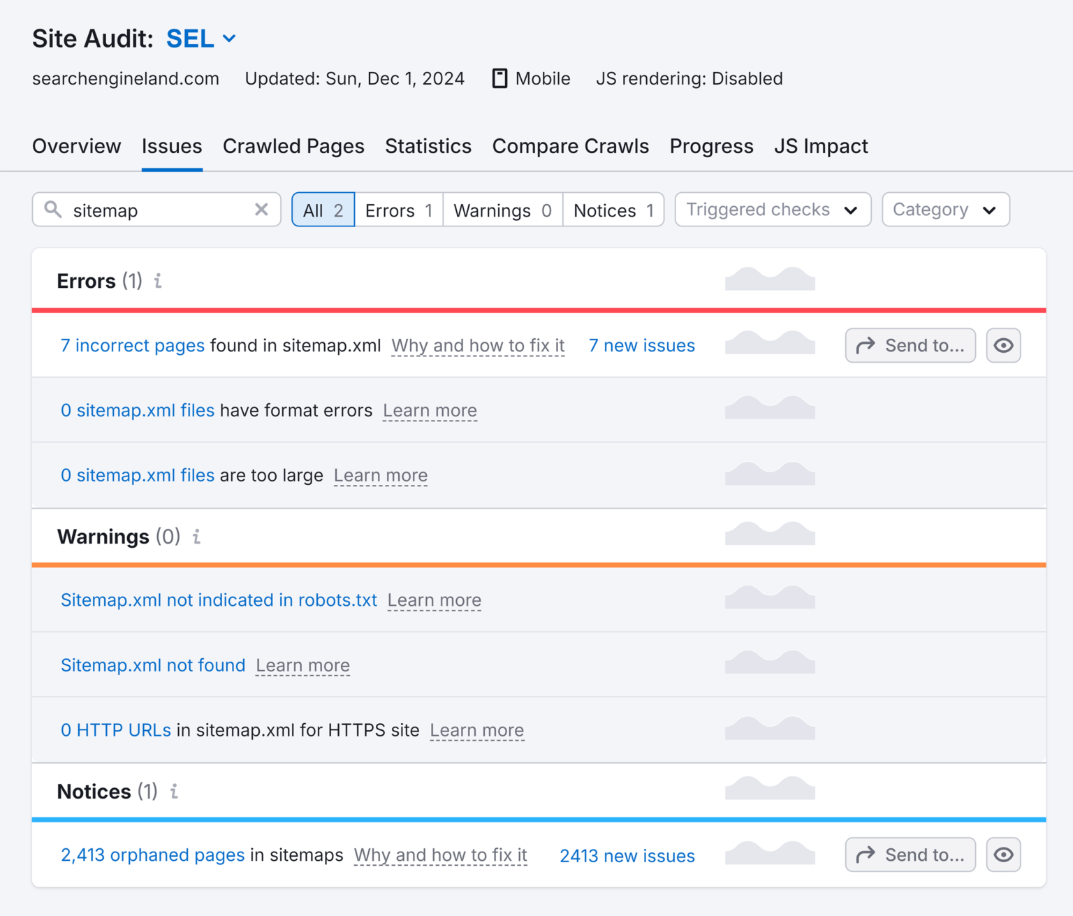 Semrush Site Audit Sitemap Issues