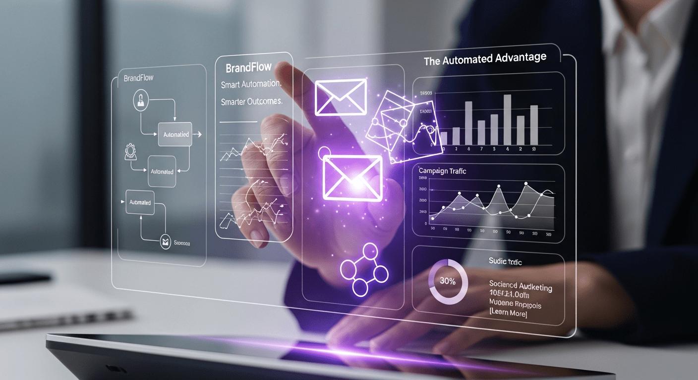 A marketer's hand interacting with a holographic interface showing automated workflows and data analytics in a futuristic style.