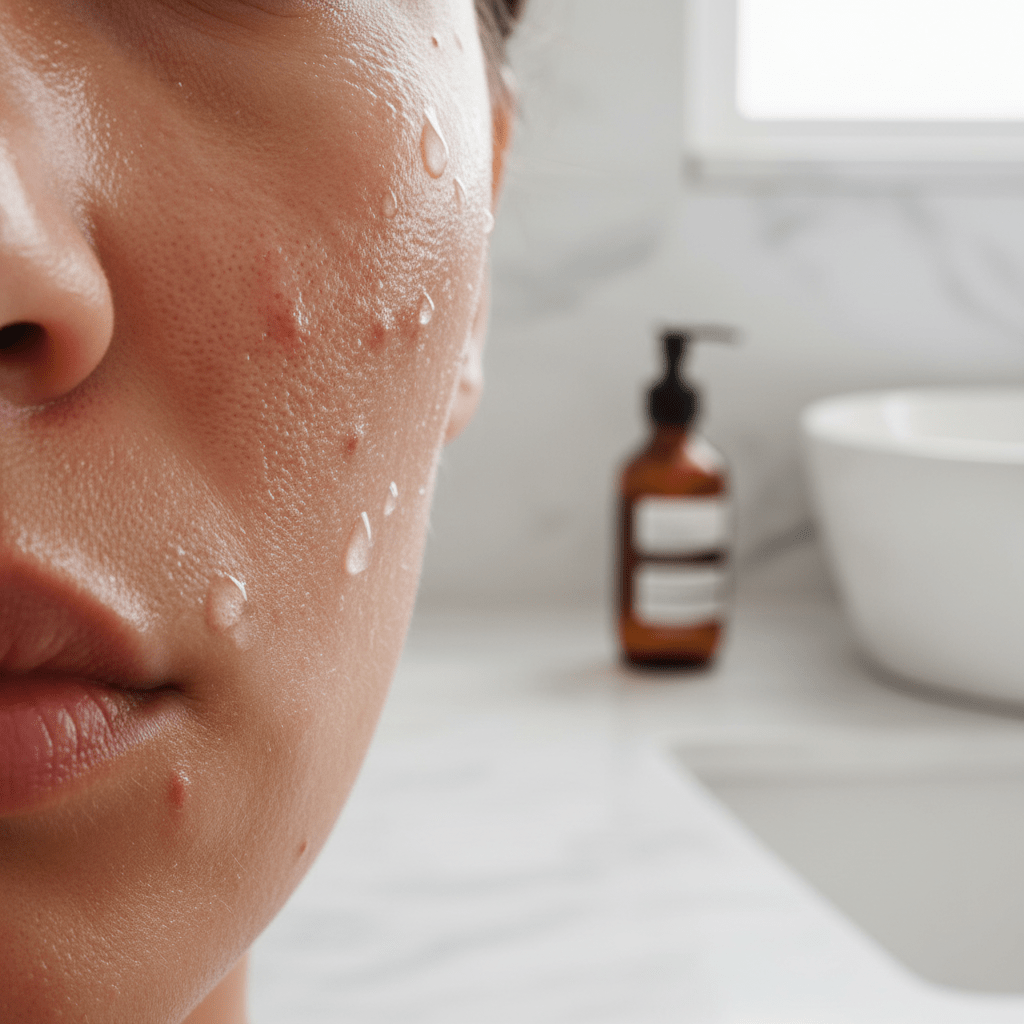 Acne-prone skin hydrating routine with a lightweight moisturizer and calming water droplets