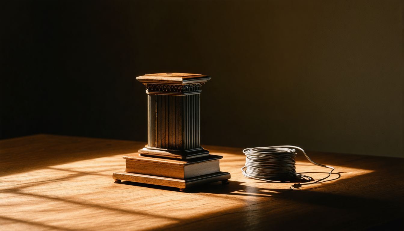 A block of metal newspaper type beside a coiled audio cable on a dark table, lit by a single warm raking light.