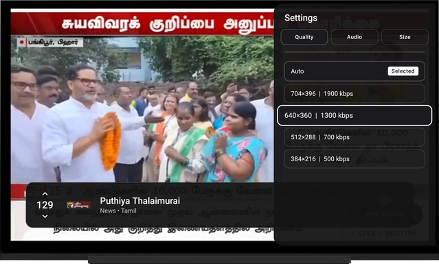 Tamil Streams app screenshot - Quality, Audio & Size — On the Fly