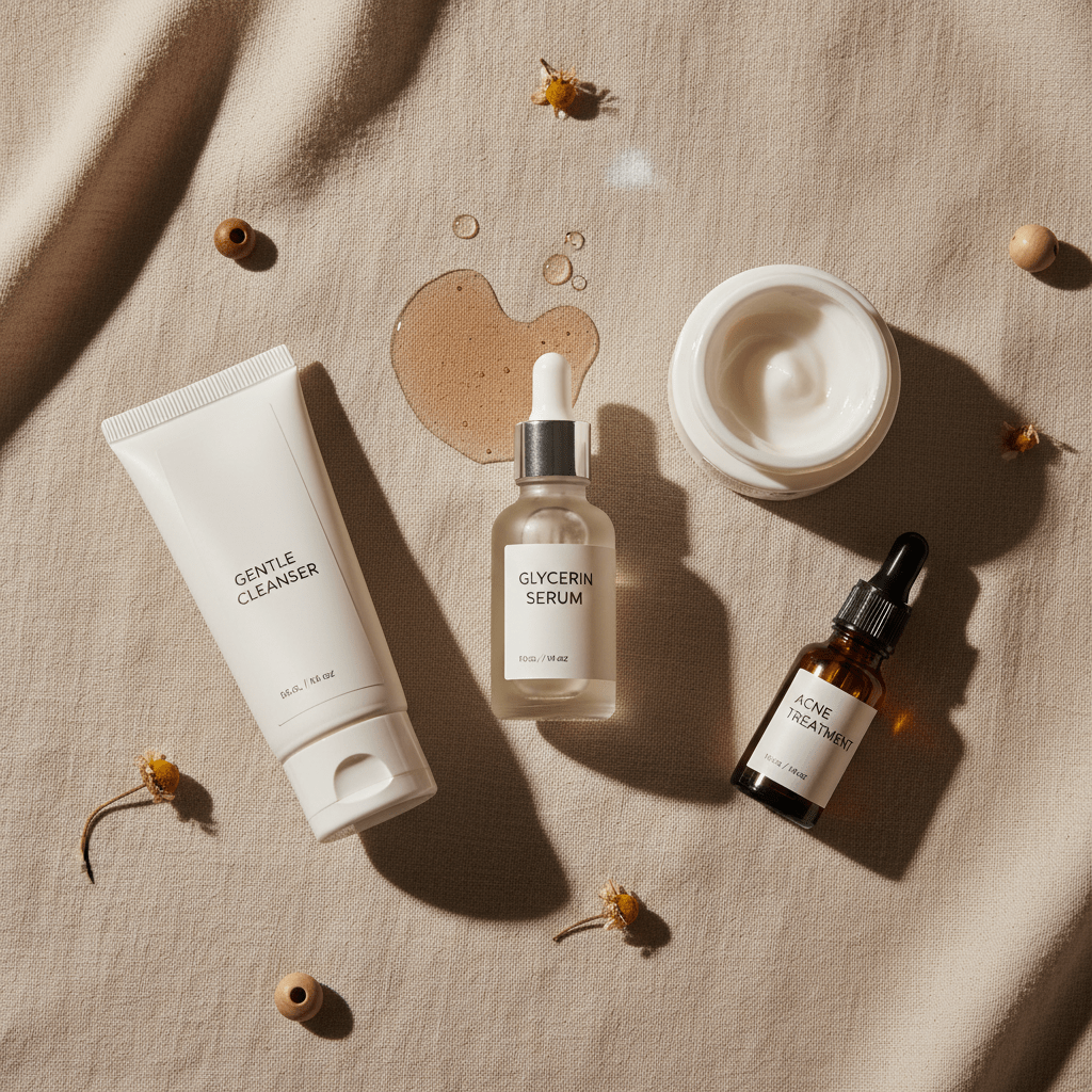Skincare flat lay with glycerine serum, cleanser, moisturizer, and acne treatment