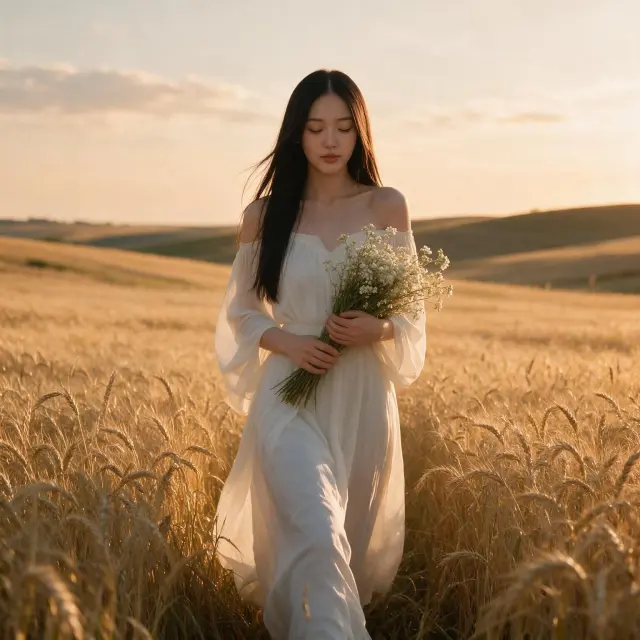 A girl with off-shoulder flowing dress and holding a bouquet of delicate white flowers, walking through a golden wheat field at sunset, eyes closed, Background: rolling hills, soft clouds, warm sunlight. Romantic style, natural setting