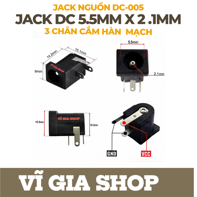 Jack nguồn DC-005 kích thước 5.5x2.1mm sơ đồ chân