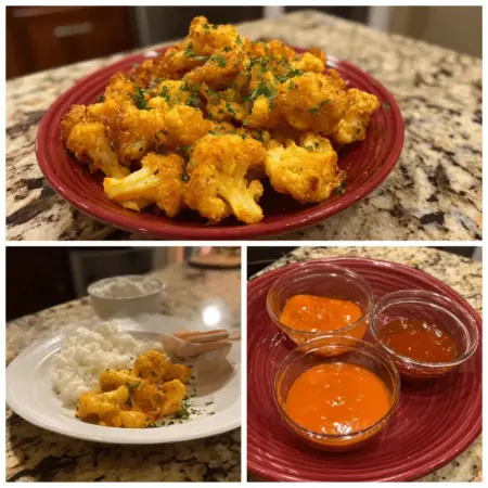 Crispy baked cauliflower buffalo wings coated in spicy sauce, served with celery sticks and a side of creamy dipping sauce.