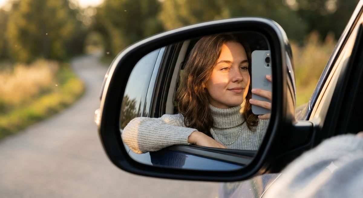 Golden Hour Car Mirror Selfie Prompt – Cinematic Roadside Portrait Photography