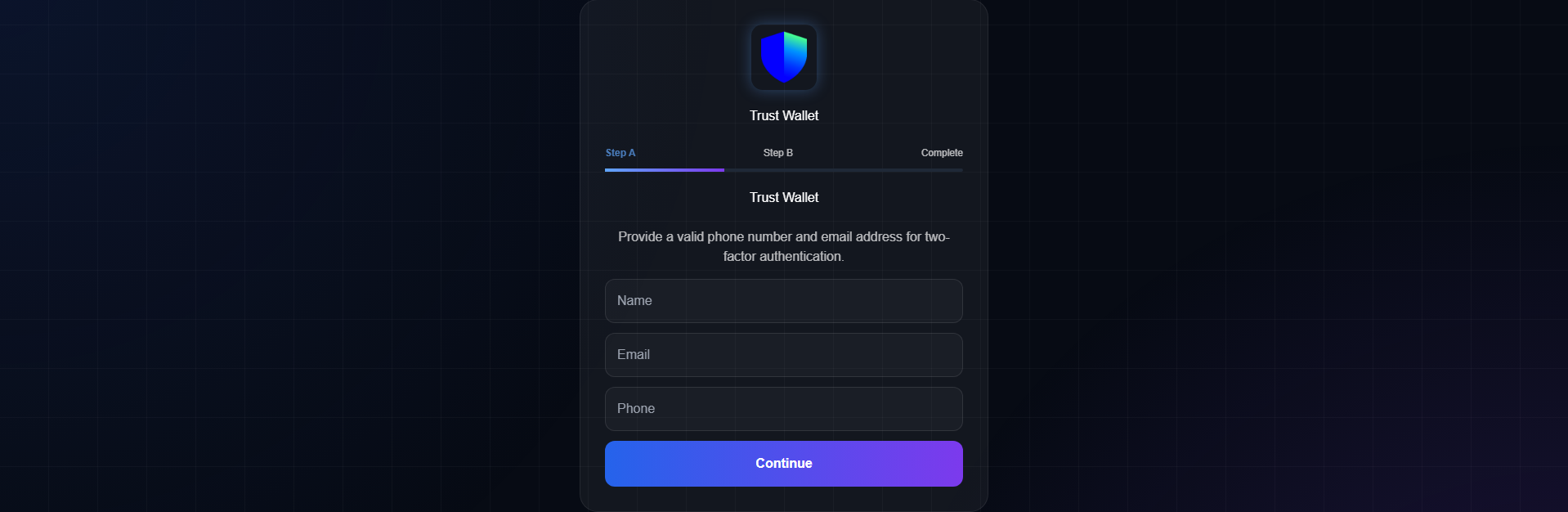 Forensic screenshot of trustwallet.com-two-factor-authentication08.ao.yesixrq.com showing the phishing page layout