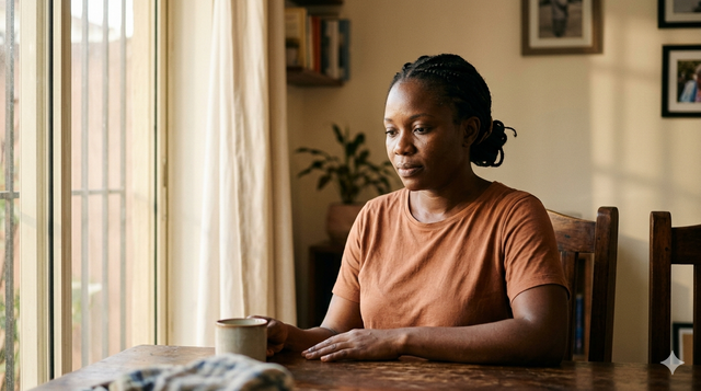 Nigerian woman looking calm and reflective near a window