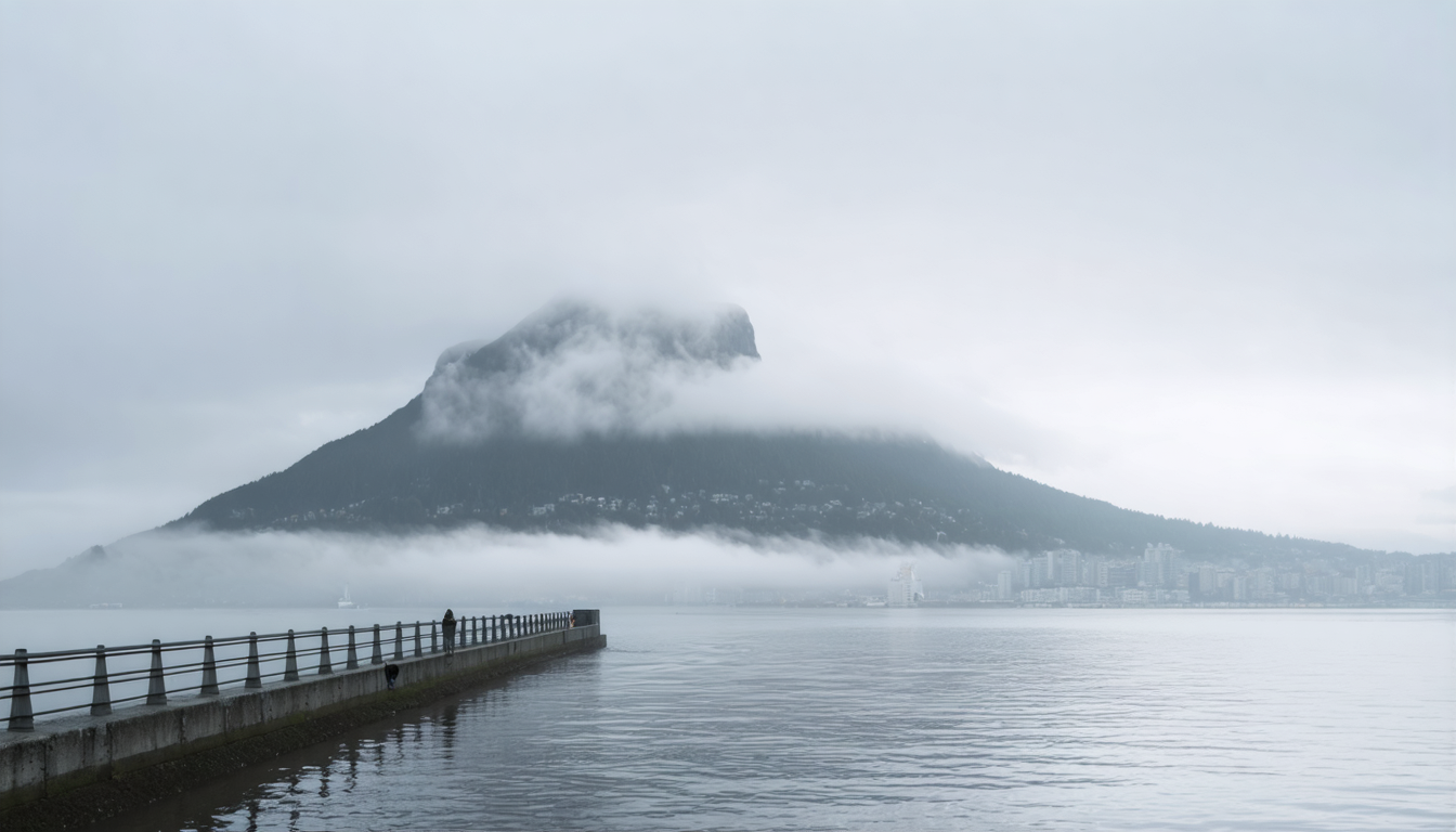 Morning fog beginning to lift over the Vancouver seawall, the mountain barely emerging behind layers of mist.