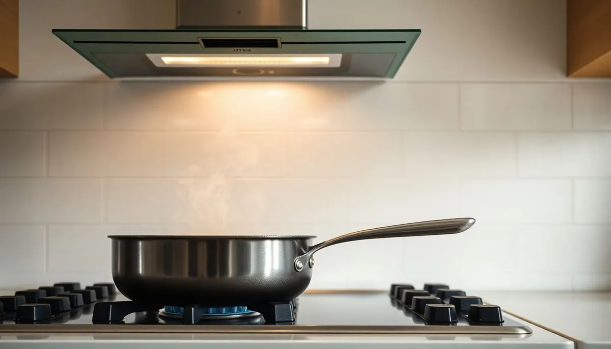 A pan on a hob with the extractor fan running visibly above it, both the fan and the cooking happening simultaneously
