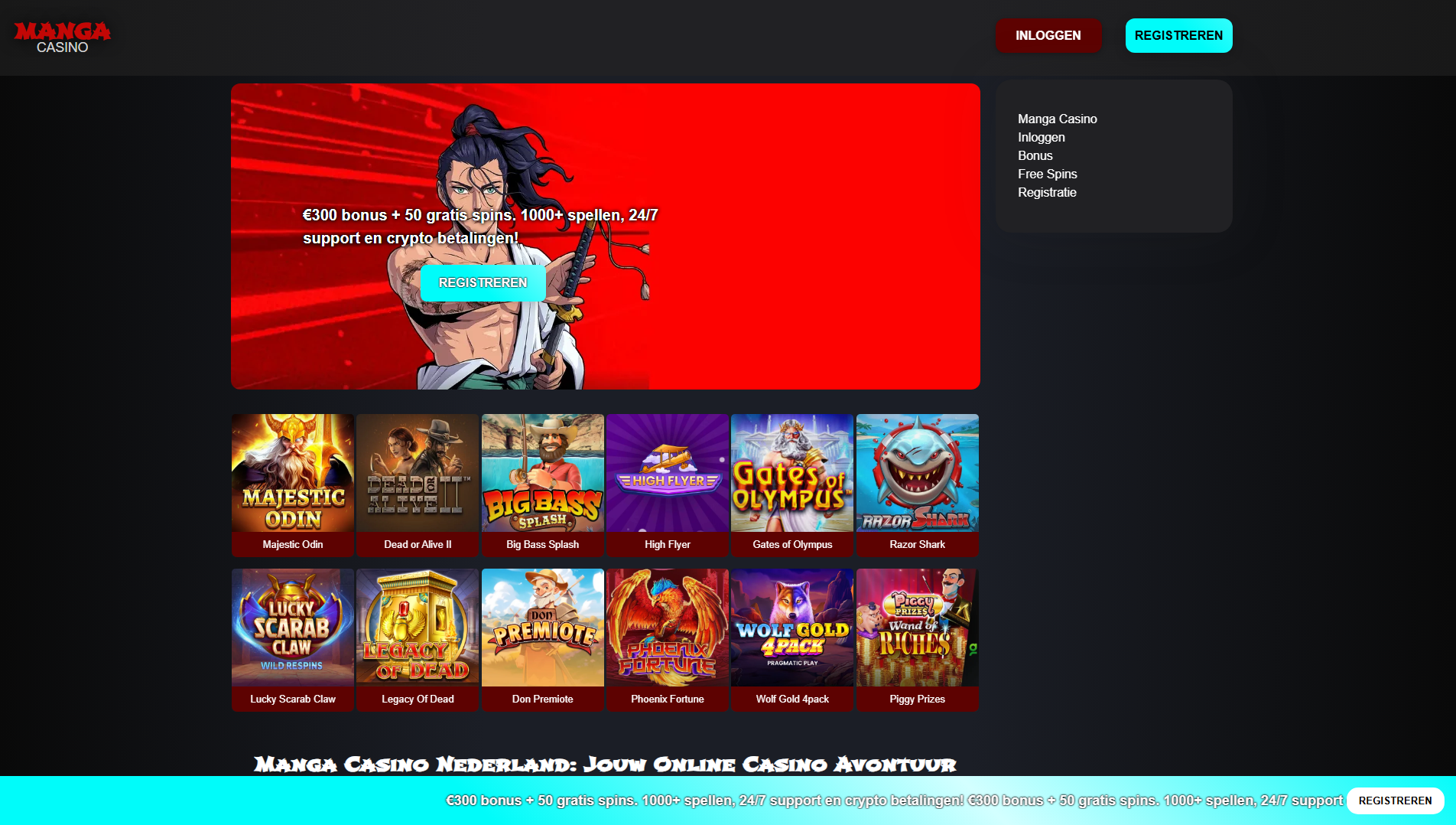 Forensic screenshot of manga-casino.info showing the phishing page layout