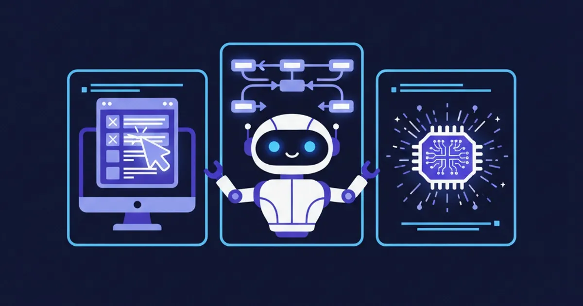 RPA、n8n、AI Agent 三種自動化工具的差別示意圖：點畫面、串 API、AI 判斷