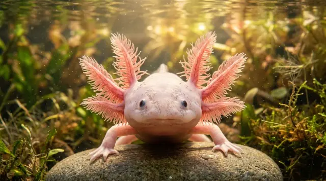 Pale pink axolotl with feathery gills in clear water, ethereal and wondrous