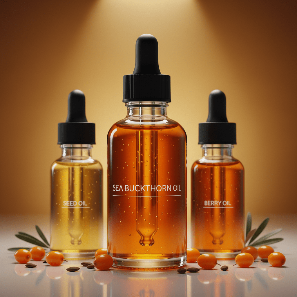 Sea buckthorn seed and berry oils in glass droppers, premium studio setup
