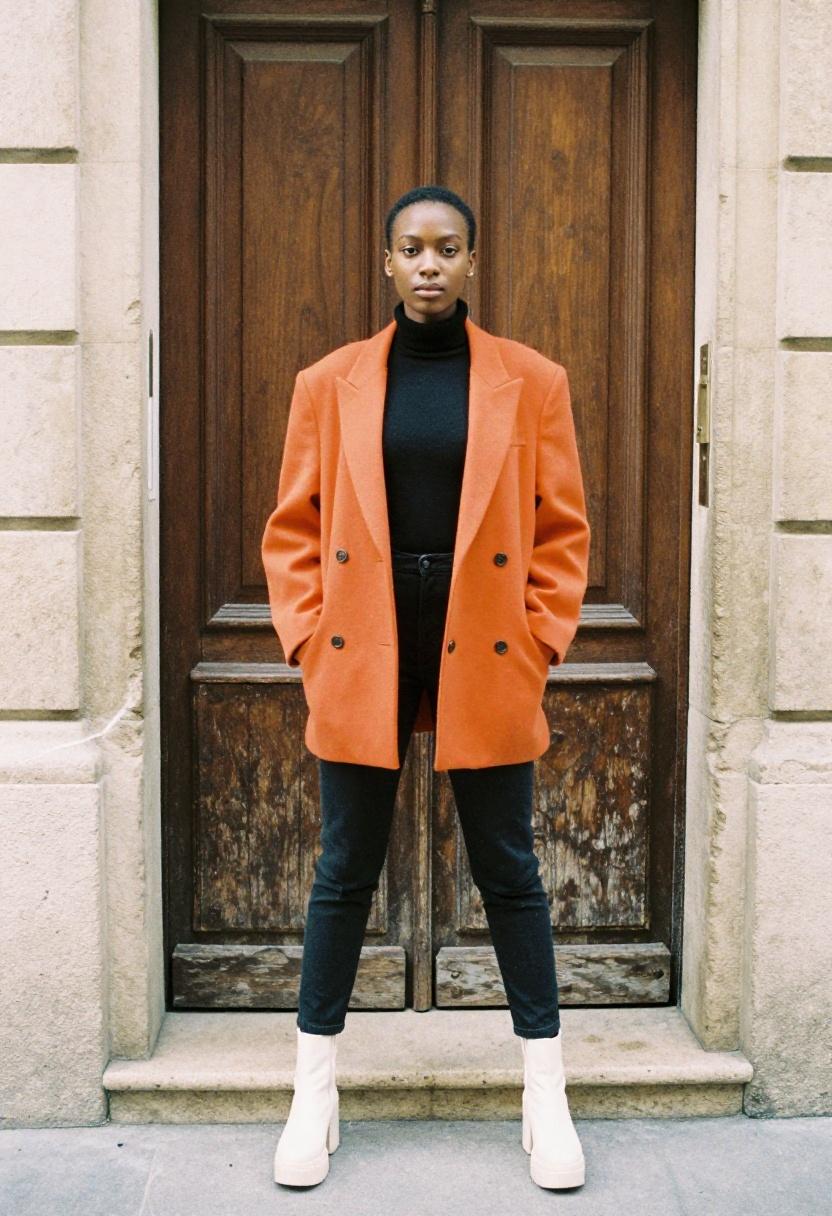 Tangerine orange blazer with platform boots for a refined yet adventurous escape room date outfit