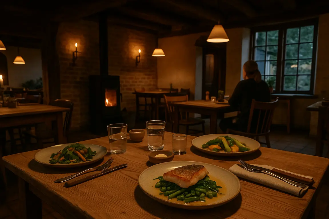 Hyggelig restaurant med dæmpet belysning og lækker mad serveret på smukke tallerkener.