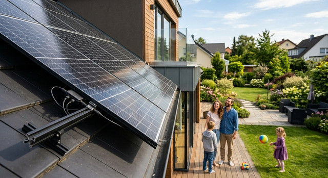Rooftop solar panel installation on a modern residential house