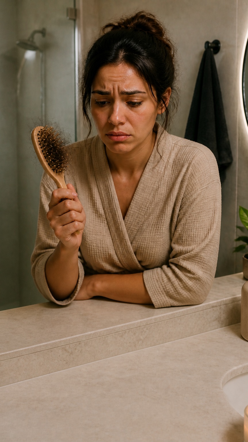 Mulher observando fios de cabelo em uma escova diante do espelho
