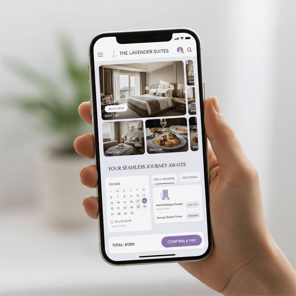 Hotel guest booking room, spa, and dining add-ons through social commerce on smartphone
