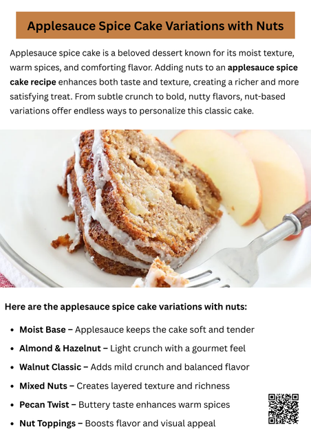Applesauce spice cake variations with nuts add texture and warmth. Try chopped walnuts for earthiness, pecans for sweetness, or almonds for a light crunch. Toast nuts first for a deeper flavor. The classic applesauce spice cake recipe stays moist while nuts balance spices and add bite without overpowering the delicate crumb. To know more visit here https://foodclub.com/recipe/applesauce-spice-cake