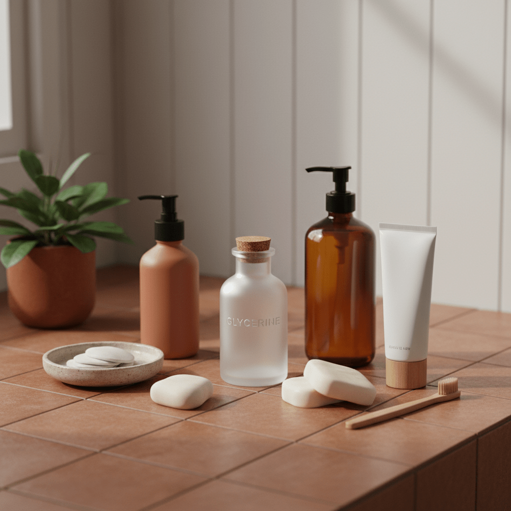 Flat lay of glycerine in everyday products