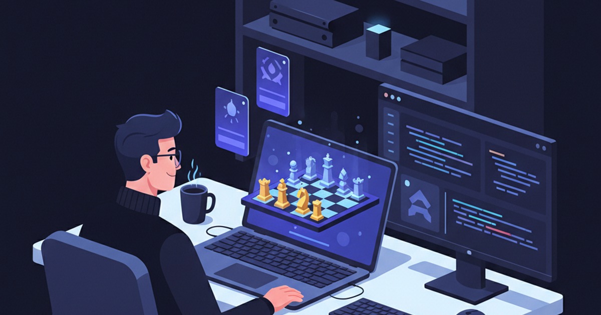 用 Claude Code 做遊戲的開發情境：筆電畫面上是立體戰棋棋盤與技能卡，旁邊螢幕顯示程式碼