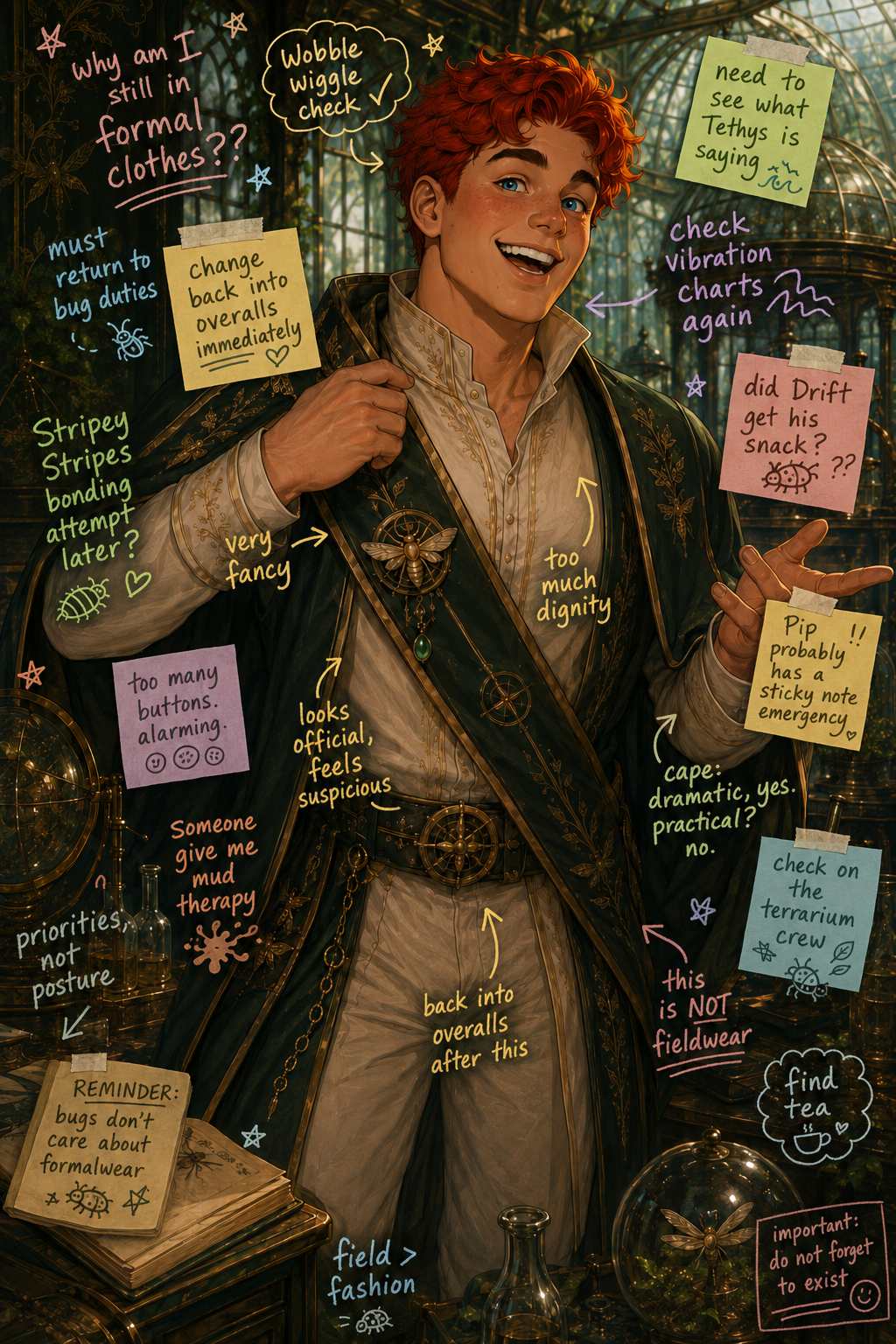 Annotated back card of August Pyrrhus wanting to escape formalwear and return to fieldwork