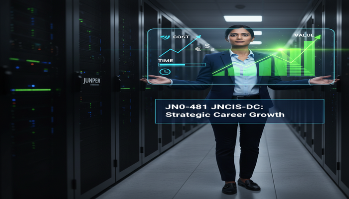 JN0-481 JNCIS-DC: Strategic Career Growth A professional in a modern data center looking at a holographic projection showing a growth chart for career value, with subtle elements of cost and time investment, symbolizing the strategic benefits of JN0-481 JNCIS-DC certification.
