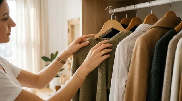 Hands selecting curated clothing from a minimalist wardrobe in warm natural light