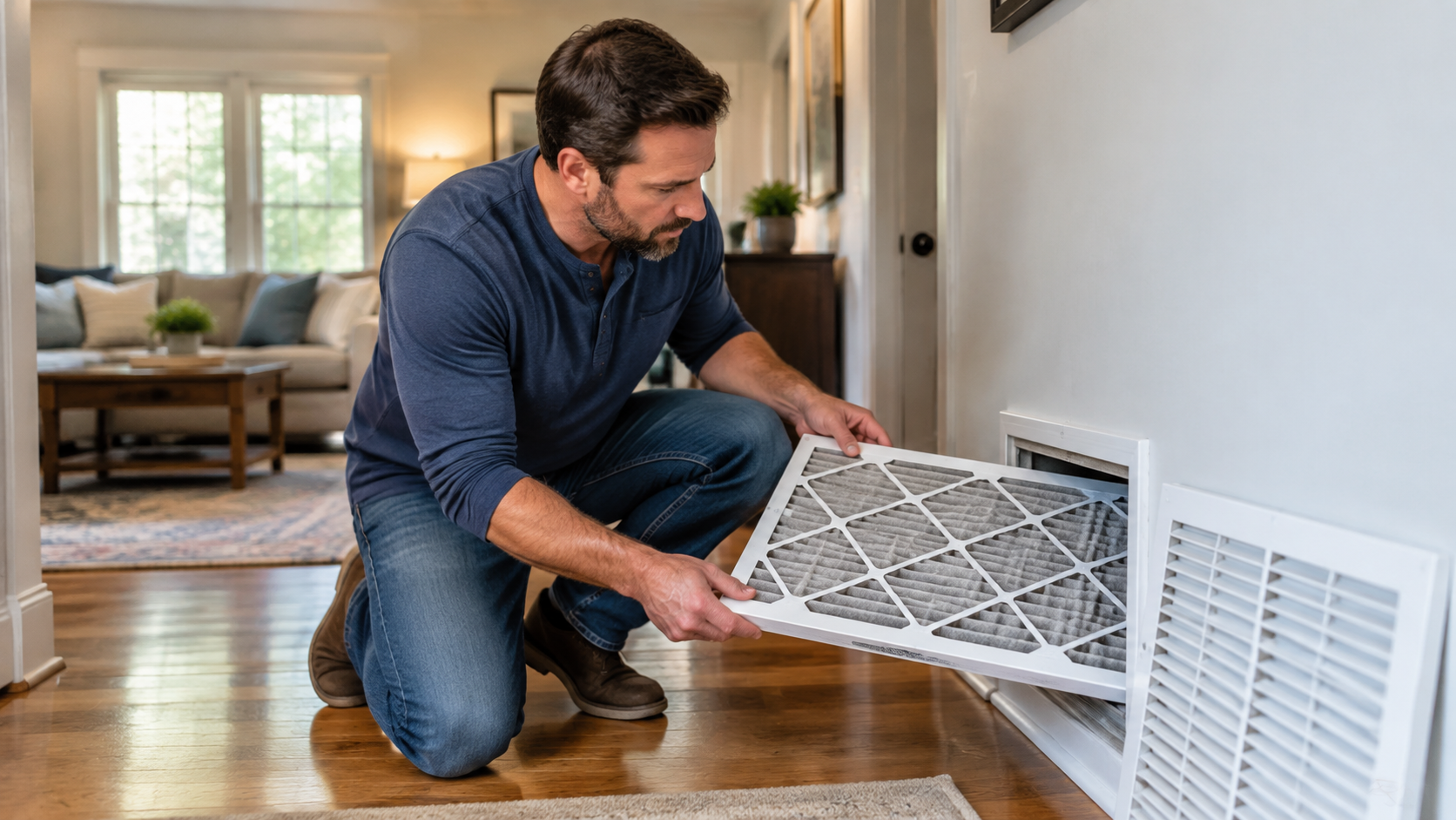 Homeowner checking HVAC airflow and filter while troubleshooting a cold room
