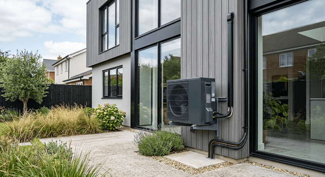 A modern air-to-water heat pump on a home's exterior.