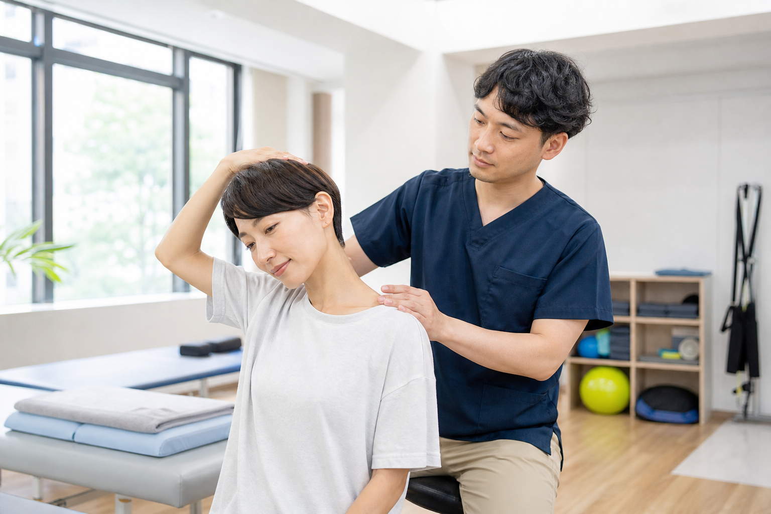 作業療法士が首と肩の穏やかな運動を支援する様子